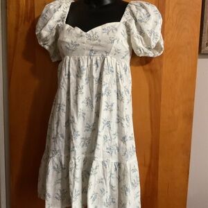 White Floral Puff-Sleeve Midi Dress with Blue Sprig Print